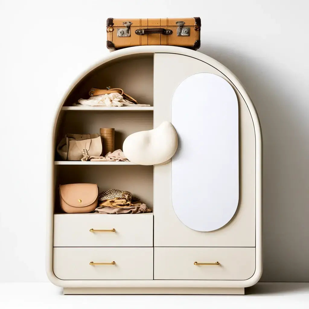 Armario con puerta ovalada y estantes laterales - beige/blanco