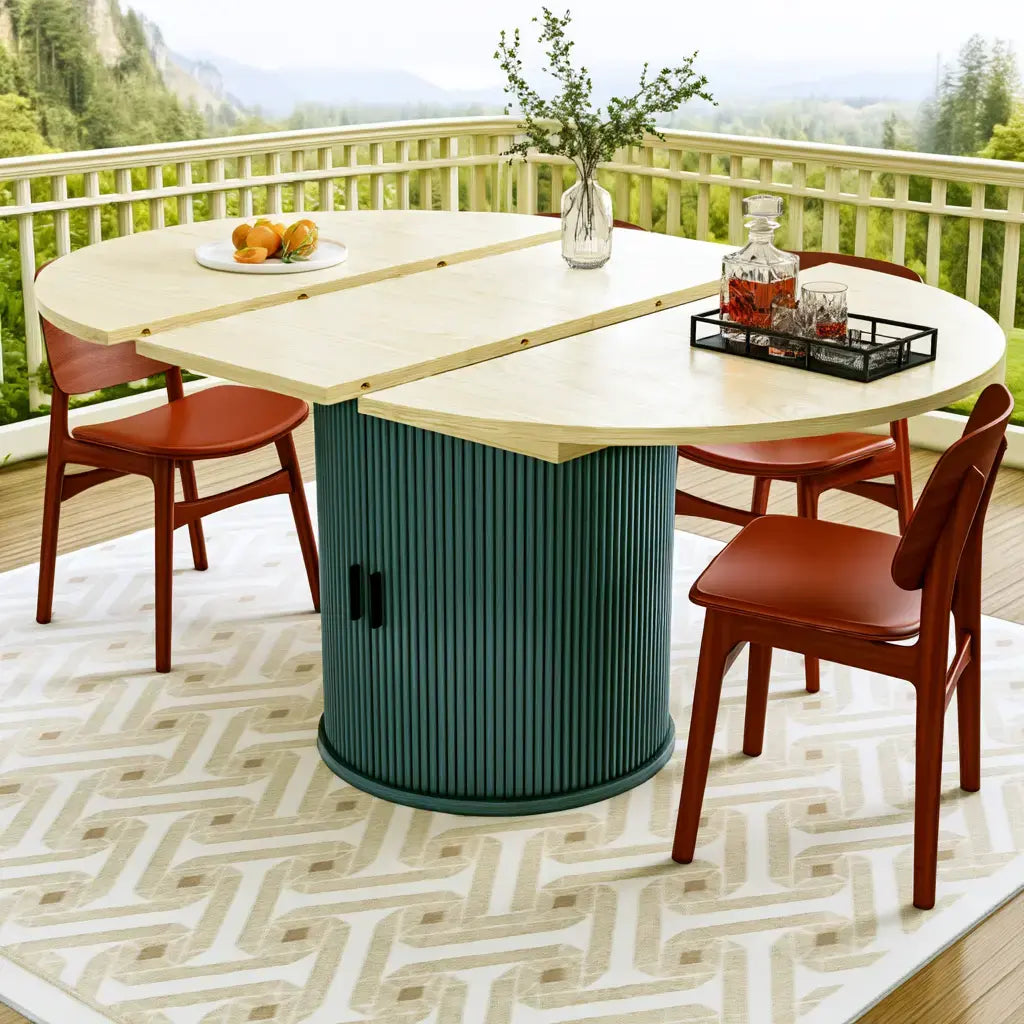 Mesa de comedor con tablero redondeado y base estriada - beige/verde