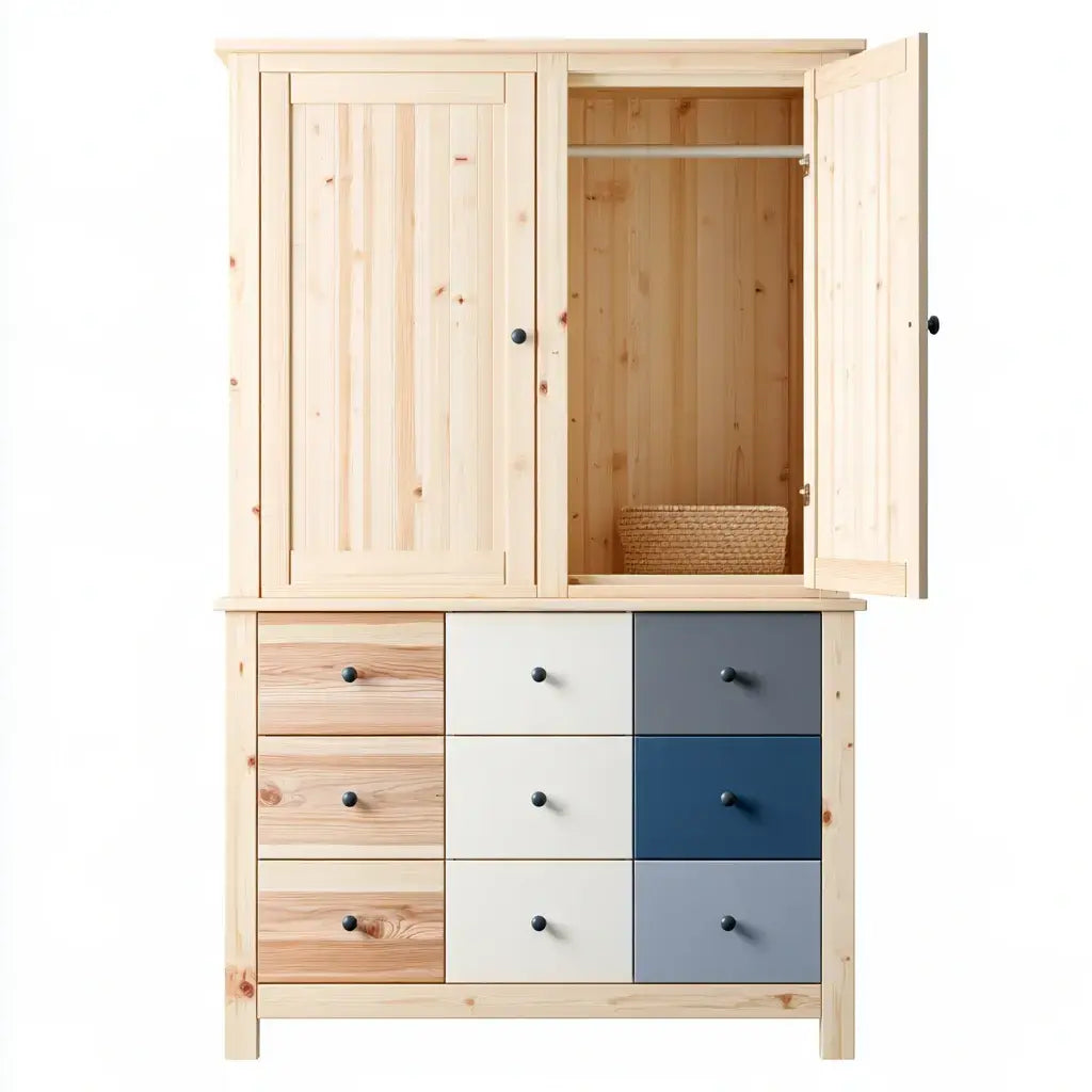 Armario con puertas superiores y cajones de colores - beige/gris/azul